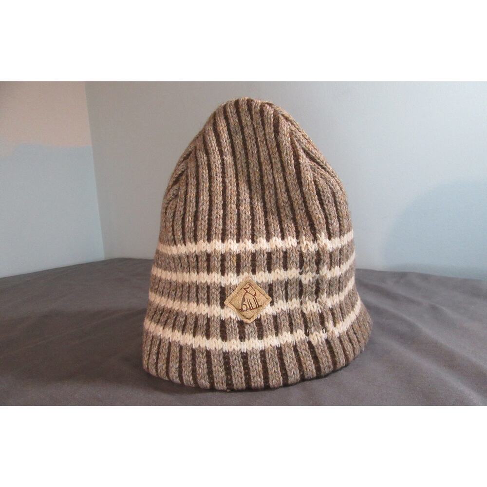 Attaboy Wool Blend Beige Stripe Beanie Cap Dog Logo Cotton Made in USA